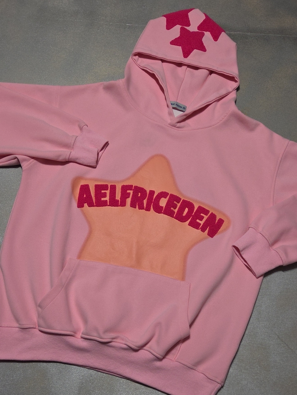Aelfric Eden Pink Hoodie with Orange Star and Magenta Lettering NWOTS
